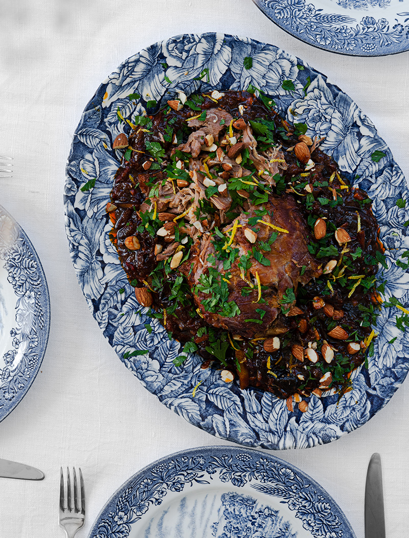 Slow Roasted Lamb Shoulder with Roasted Prunes, Almonds and Preserved